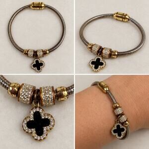 Two Tone Snake Chain Charm Bracelet Black Clover Clear Rhinestones Womens